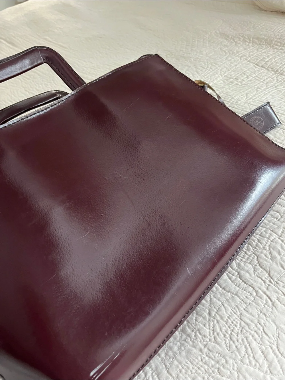 Vintage Burgundy Patent Leather Briefcase Satchel Bag with Gold Hardware